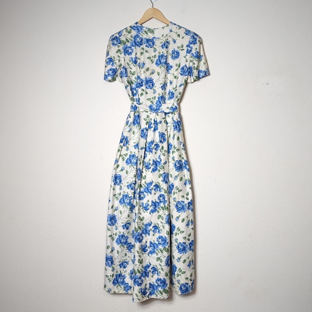 SOLD Vintage 50s Handmade Blue Floral Print Midi Maxi Wrap Dress Short Sleeve - Picture 15 of 16